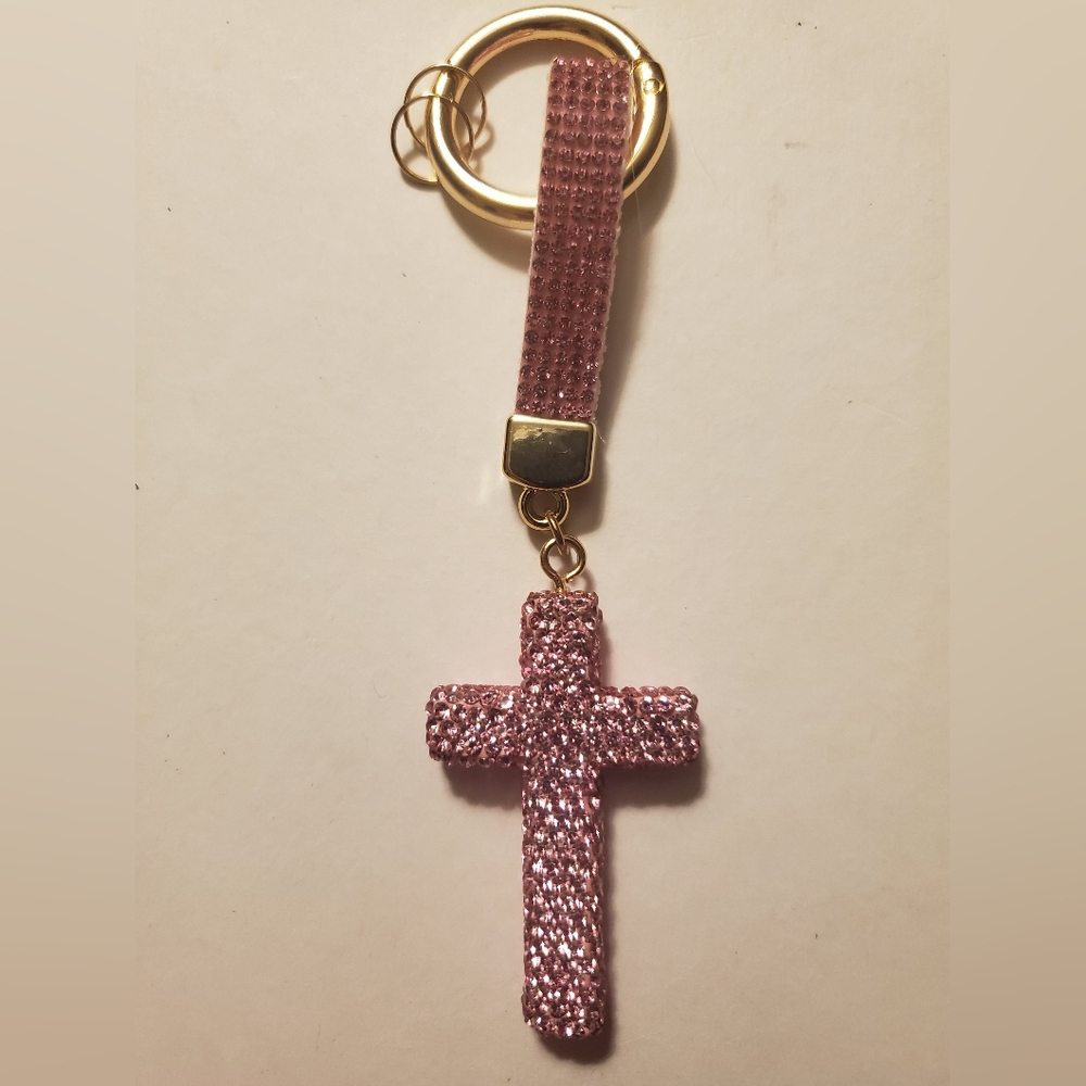 Cross Bag Charm Pink Glitz Beading Goldton Accents NWOT